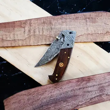 Titan Damascus Steel Black Burl Walnut Pocket Knife